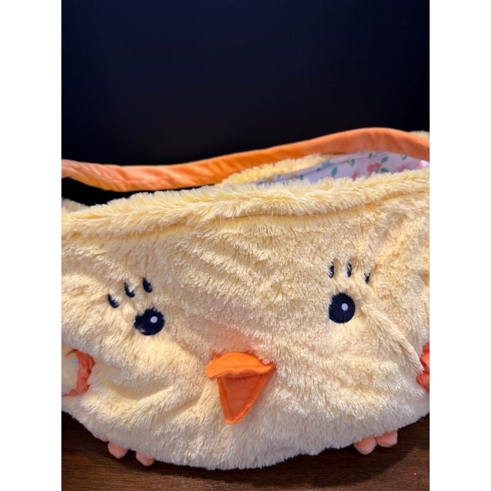 Jumbo Plush Yellow Chick Easter Basket Floral Lining Orange Handle Soft Fuzzy - Picture 2 of 9